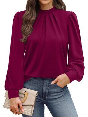 👗 Women's Purple Red Long Sleeve Shirts Pleated Front Blouses Mock Neck Top